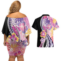 Aloha Vintage Hibiscus Lei Seamless Pattern Couples Matching Off Shoulder Short Dress and Hawaiian Shirt - Polynesian Pride