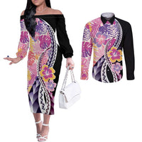 Aloha Vintage Hibiscus Lei Seamless Pattern Couples Matching Off The Shoulder Long Sleeve Dress and Long Sleeve Button Shirt - Polynesian Pride