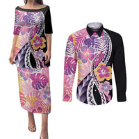 Aloha Vintage Hibiscus Lei Seamless Pattern Couples Matching Puletasi and Long Sleeve Button Shirt - Polynesian Pride