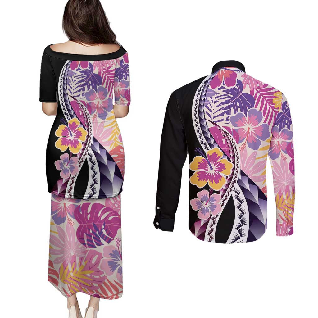 Aloha Vintage Hibiscus Lei Seamless Pattern Couples Matching Puletasi and Long Sleeve Button Shirt - Polynesian Pride