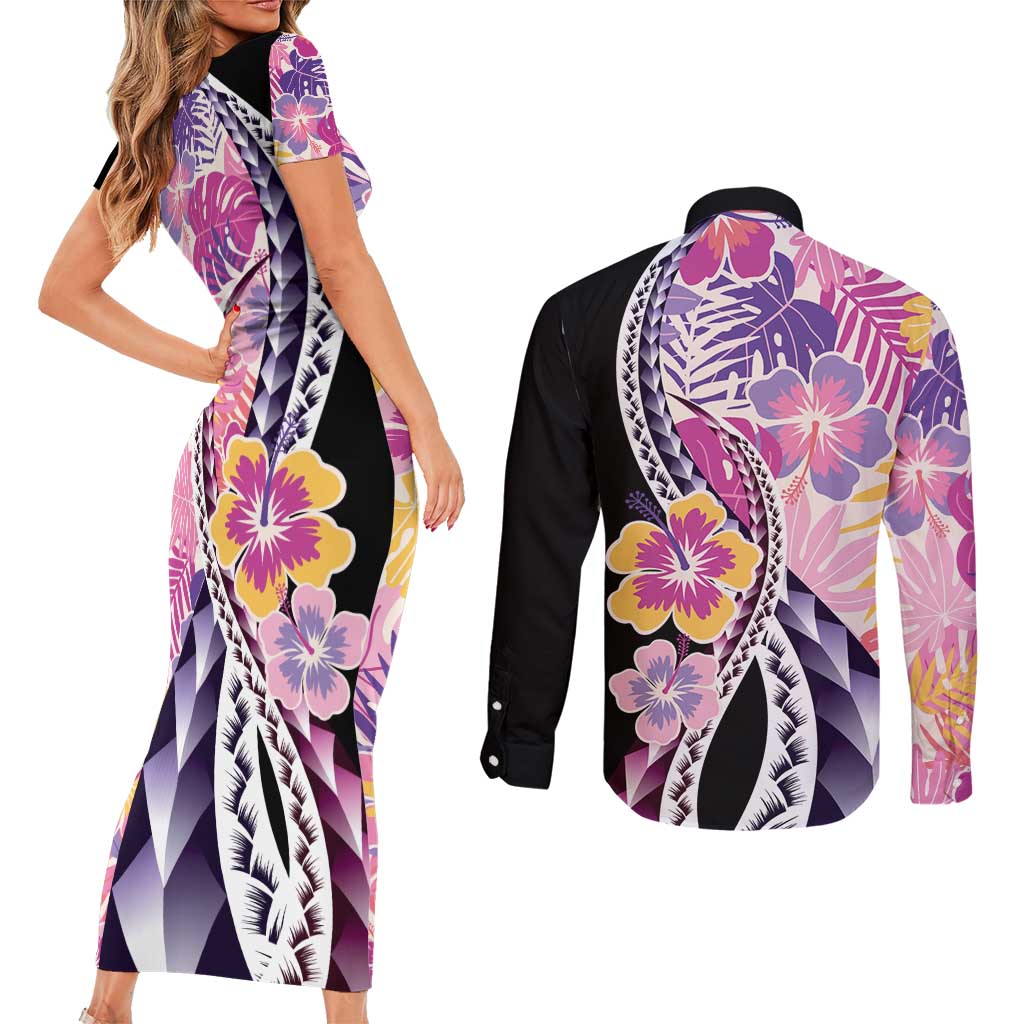 Aloha Vintage Hibiscus Lei Seamless Pattern Couples Matching Short Sleeve Bodycon Dress and Long Sleeve Button Shirt - Polynesian Pride