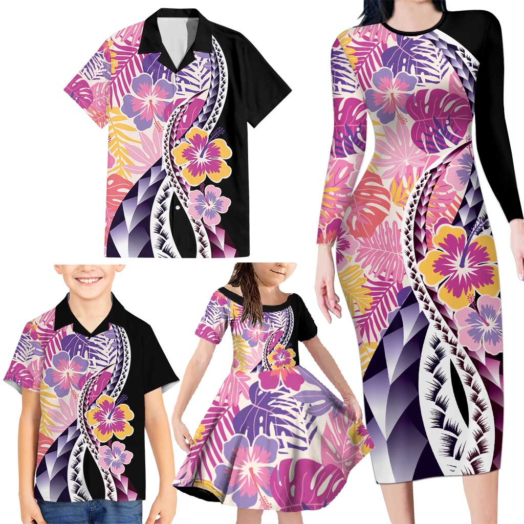 Aloha Vintage Hibiscus Lei Seamless Pattern Family Matching Long Sleeve Bodycon Dress and Hawaiian Shirt - Polynesian Pride