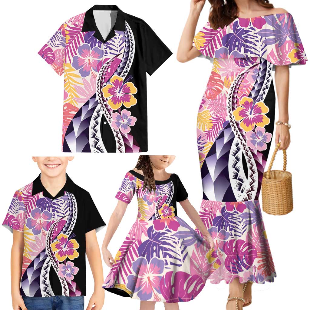 Aloha Vintage Hibiscus Lei Seamless Pattern Family Matching Mermaid Dress and Hawaiian Shirt - Polynesian Pride