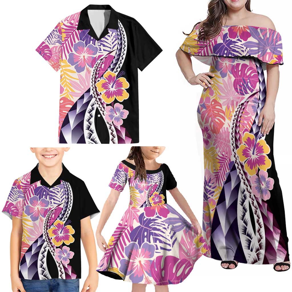 Aloha Vintage Hibiscus Lei Seamless Pattern Family Matching Off Shoulder Maxi Dress and Hawaiian Shirt - Polynesian Pride