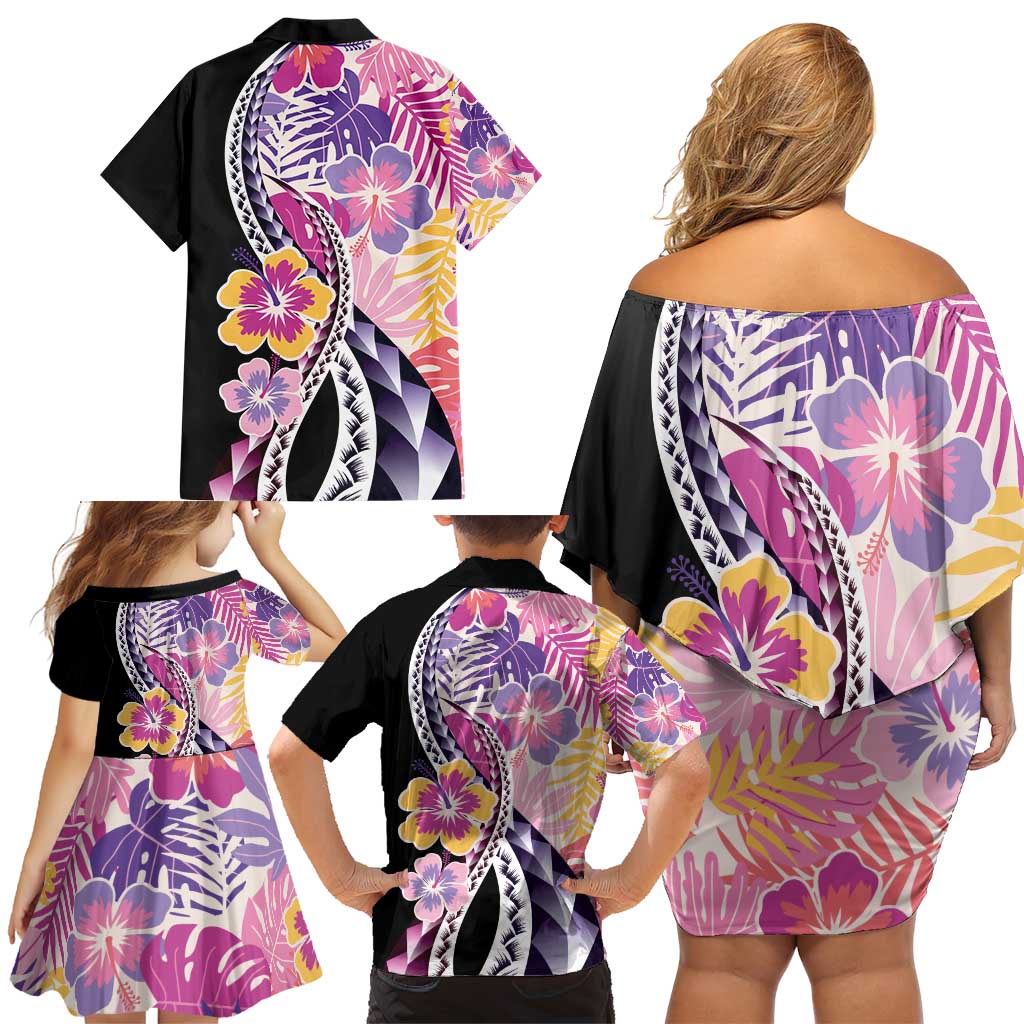 Aloha Vintage Hibiscus Lei Seamless Pattern Family Matching Off Shoulder Short Dress and Hawaiian Shirt - Polynesian Pride