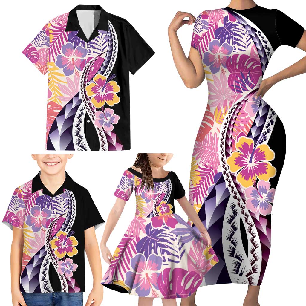Aloha Vintage Hibiscus Lei Seamless Pattern Family Matching Short Sleeve Bodycon Dress and Hawaiian Shirt - Polynesian Pride