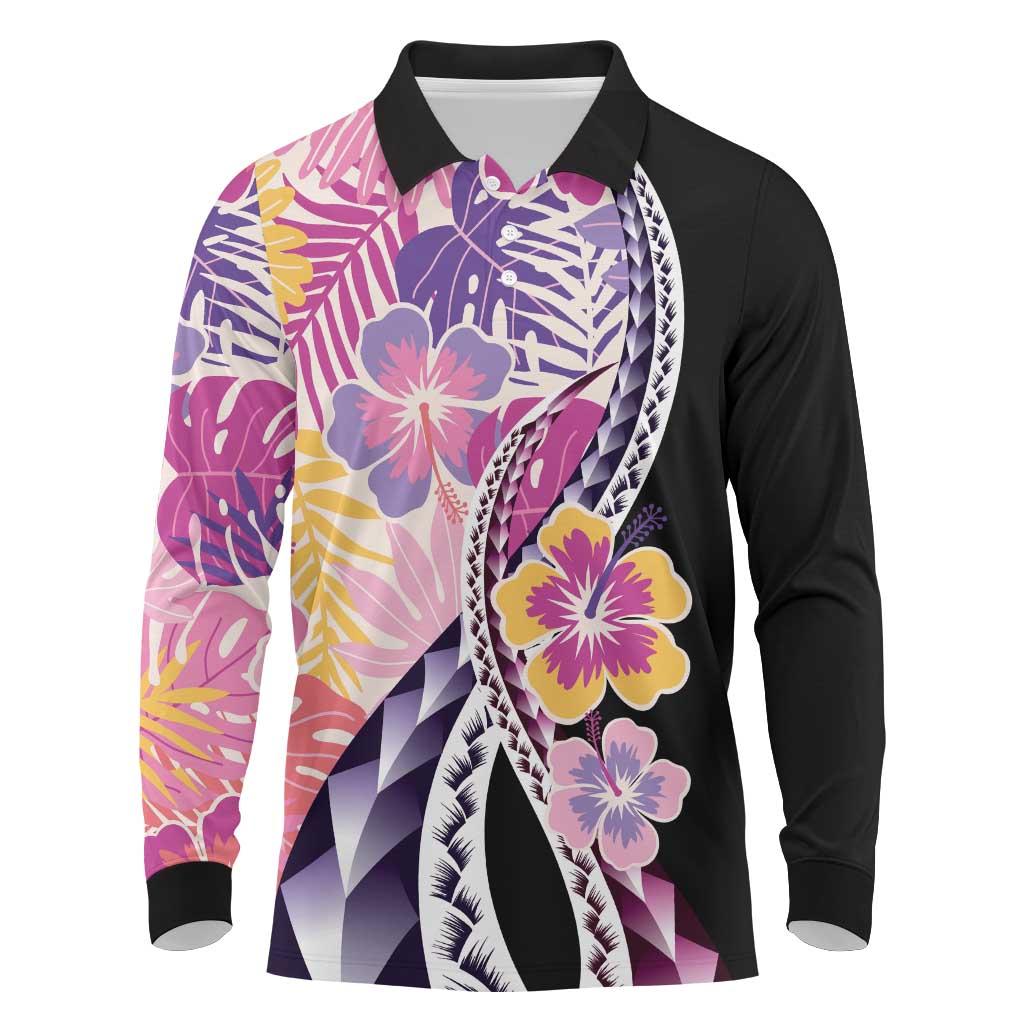 Aloha Vintage Hibiscus Lei Seamless Pattern Long Sleeve Polo Shirt - Polynesian Pride