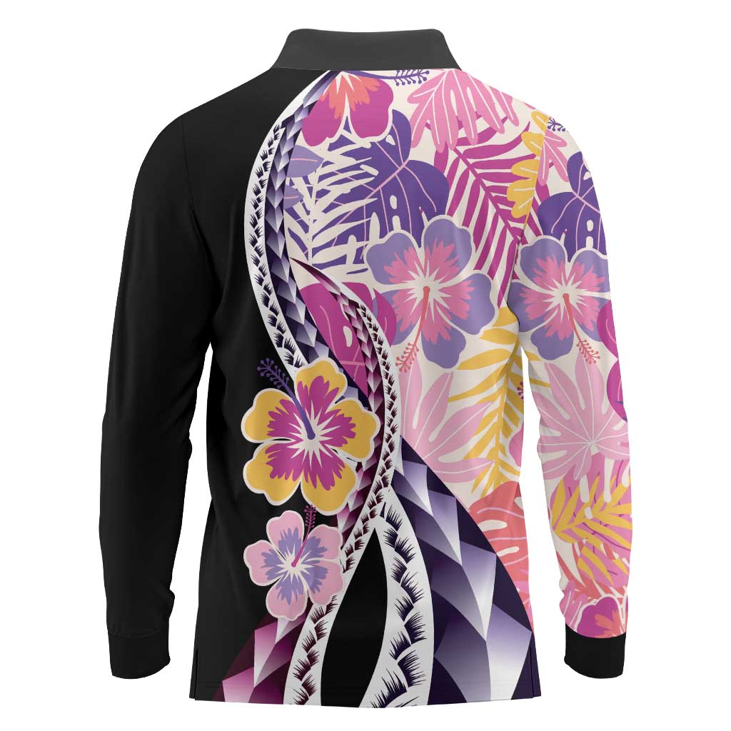Aloha Vintage Hibiscus Lei Seamless Pattern Long Sleeve Polo Shirt - Polynesian Pride