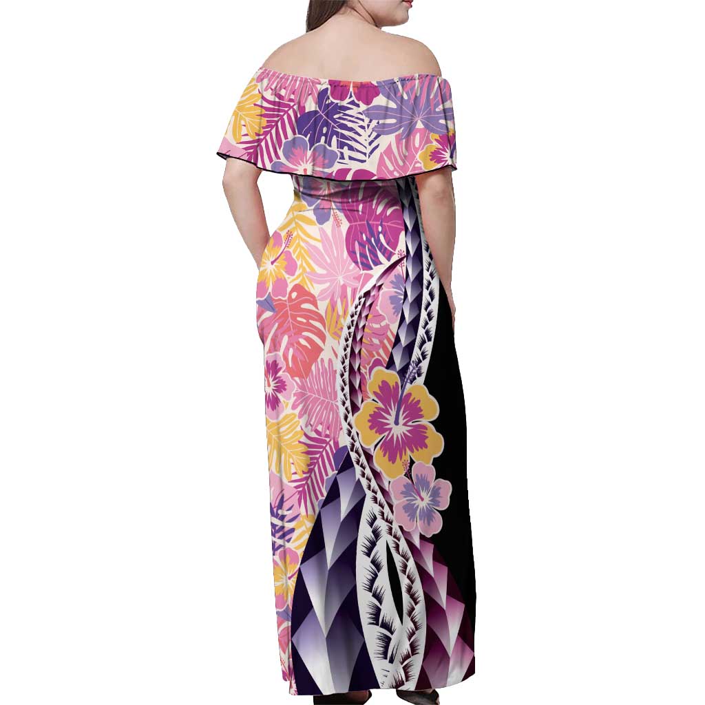 Aloha Vintage Hibiscus Lei Seamless Pattern Off Shoulder Maxi Dress - Polynesian Pride