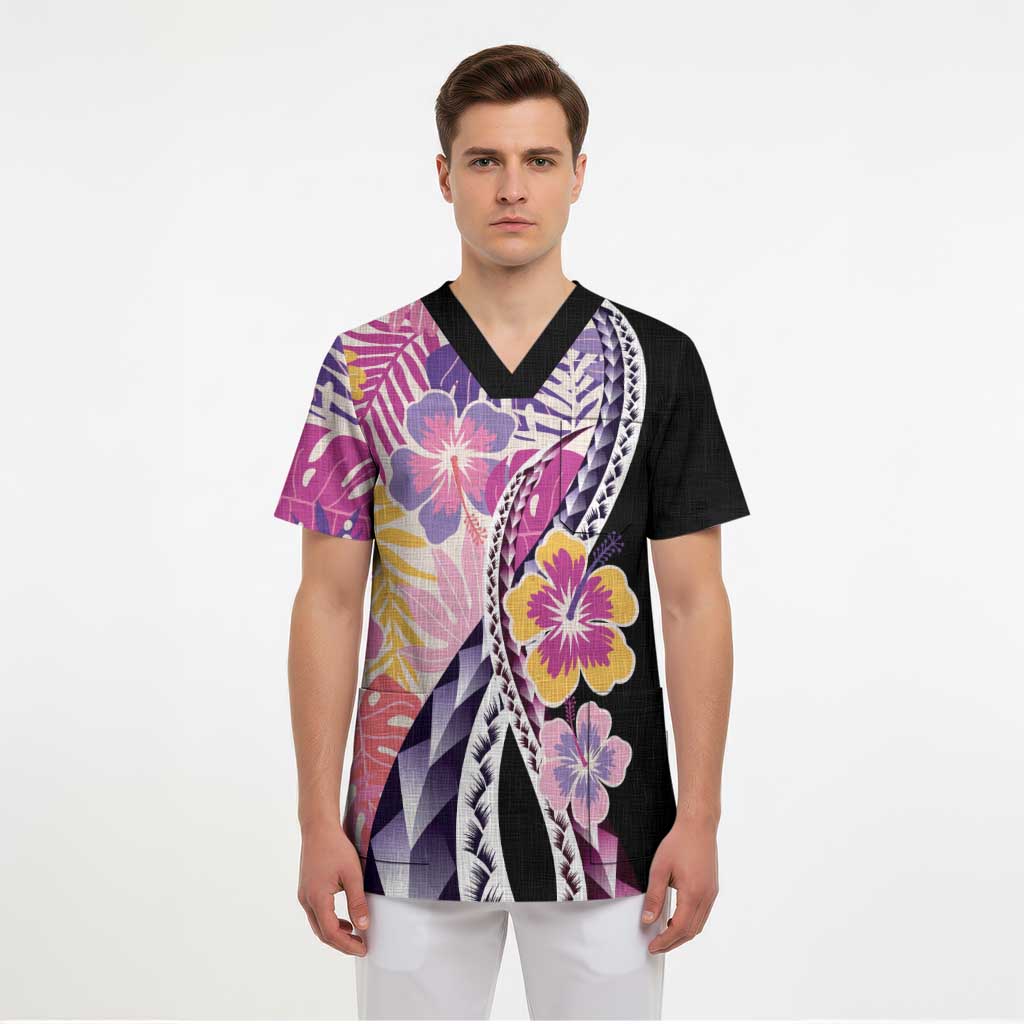 Aloha Vintage Hibiscus Lei Seamless Pattern Scrub Top - Polynesian Pride