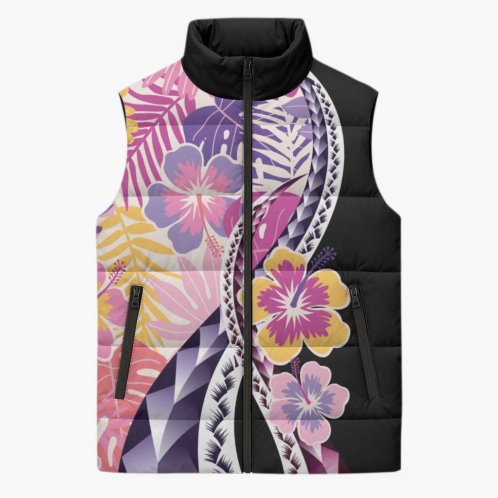 Aloha Vintage Hibiscus Lei Seamless Pattern Sleeveless Puffer Jacket - Polynesian Pride
