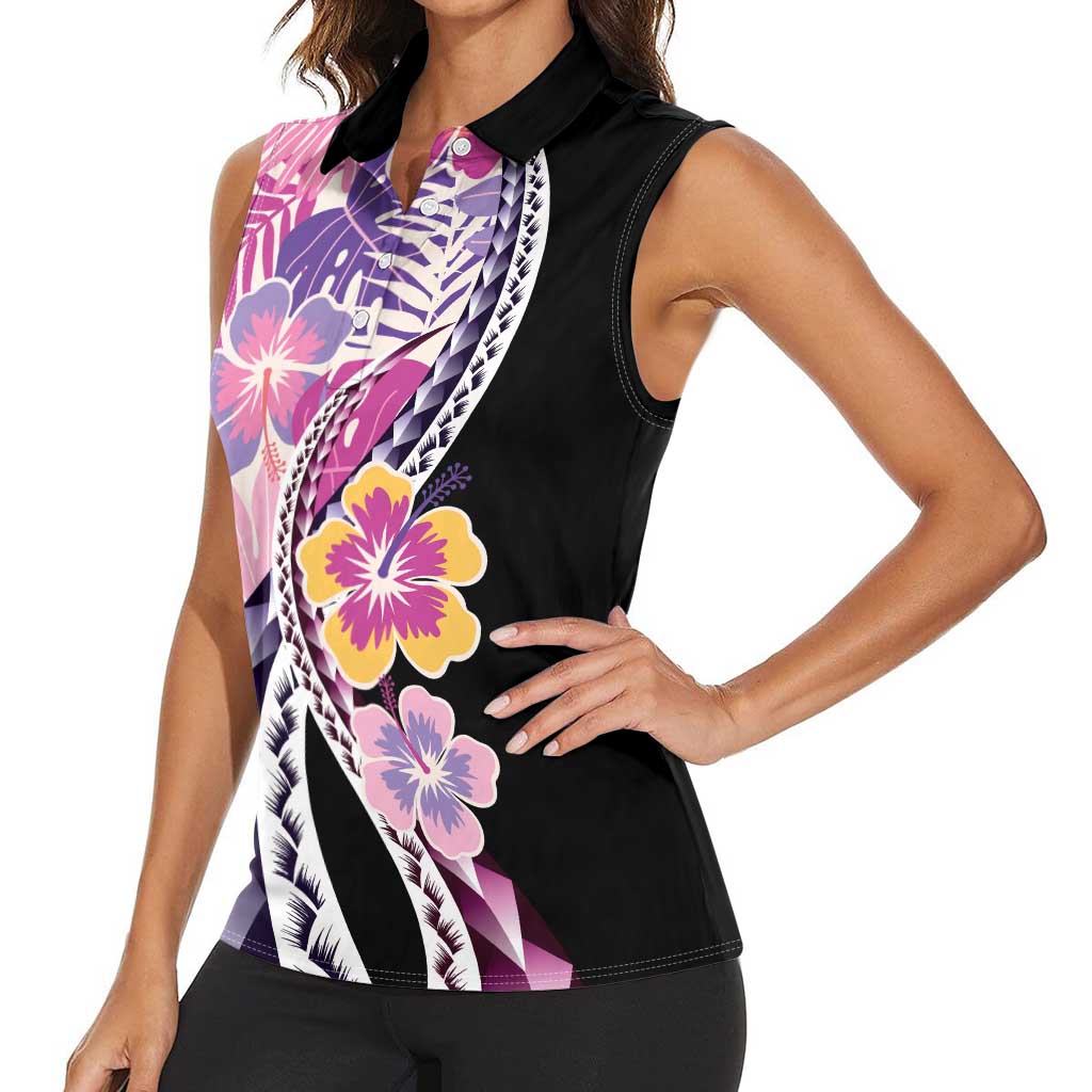 Aloha Vintage Hibiscus Lei Seamless Pattern Women Sleeveless Polo Shirt - Polynesian Pride
