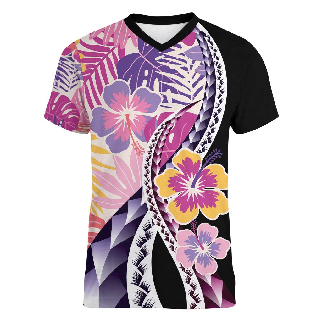Aloha Vintage Hibiscus Lei Seamless Pattern Women V-Neck T-Shirt LT9 Female Pink - Polynesian Pride