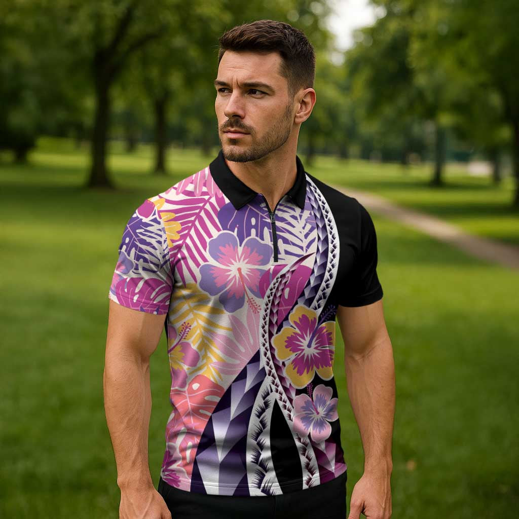 Aloha Vintage Hibiscus Lei Seamless Pattern Zipper Polo Shirt - Polynesian Pride