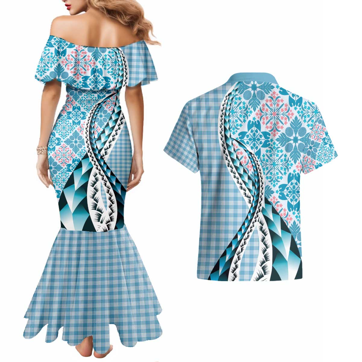 Aloha Vintage Palaka Floral Hawaiian Quilt Couples Matching Mermaid Dress and Hawaiian Shirt Uliuli Motif - Polynesian Pride