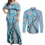 Aloha Vintage Palaka Floral Hawaiian Quilt Couples Matching Off Shoulder Maxi Dress and Long Sleeve Button Shirt Uliuli Motif - Polynesian Pride