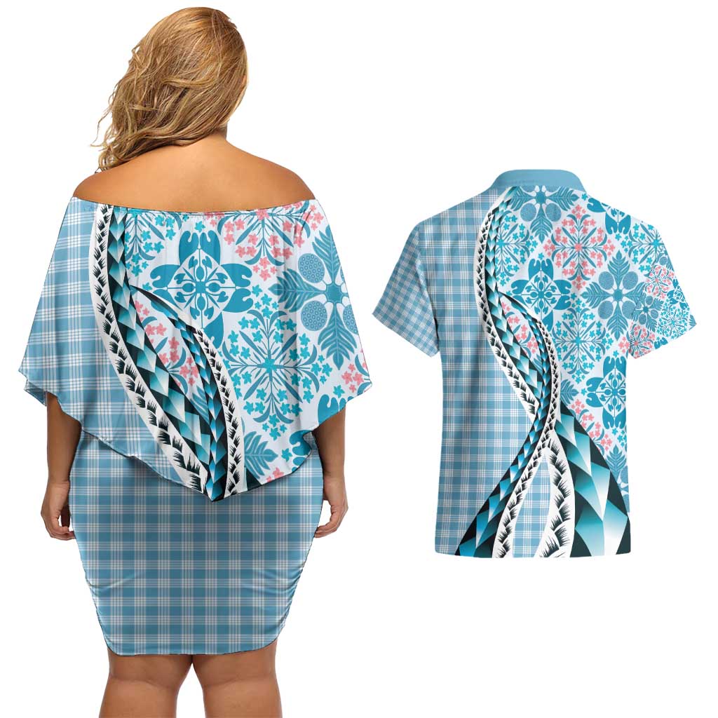 Aloha Vintage Palaka Floral Hawaiian Quilt Couples Matching Off Shoulder Short Dress and Hawaiian Shirt Uliuli Motif - Polynesian Pride