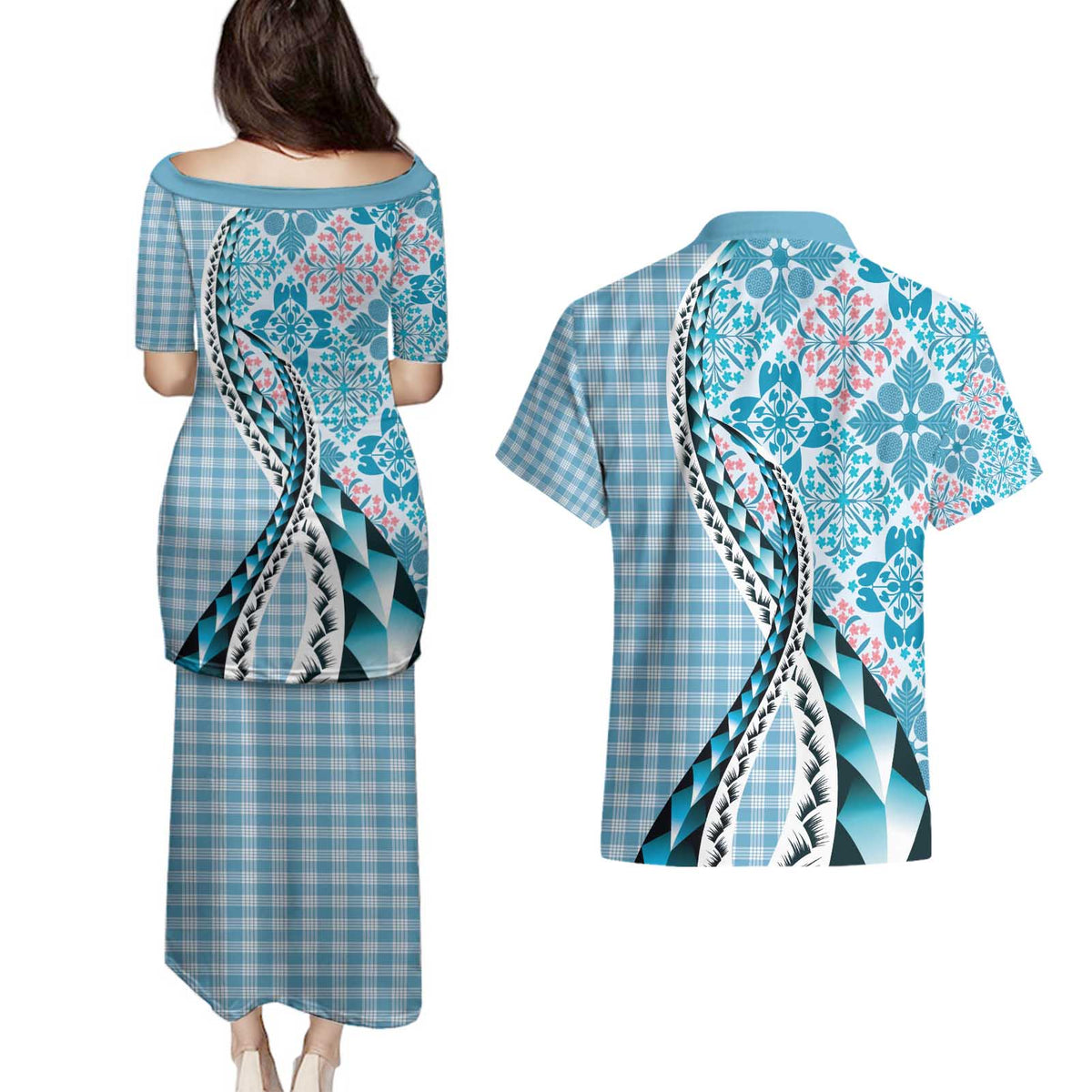 Aloha Vintage Palaka Floral Hawaiian Quilt Couples Matching Puletasi and Hawaiian Shirt Uliuli Motif - Polynesian Pride