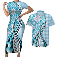 Aloha Vintage Palaka Floral Hawaiian Quilt Couples Matching Short Sleeve Bodycon Dress and Hawaiian Shirt Uliuli Motif - Polynesian Pride