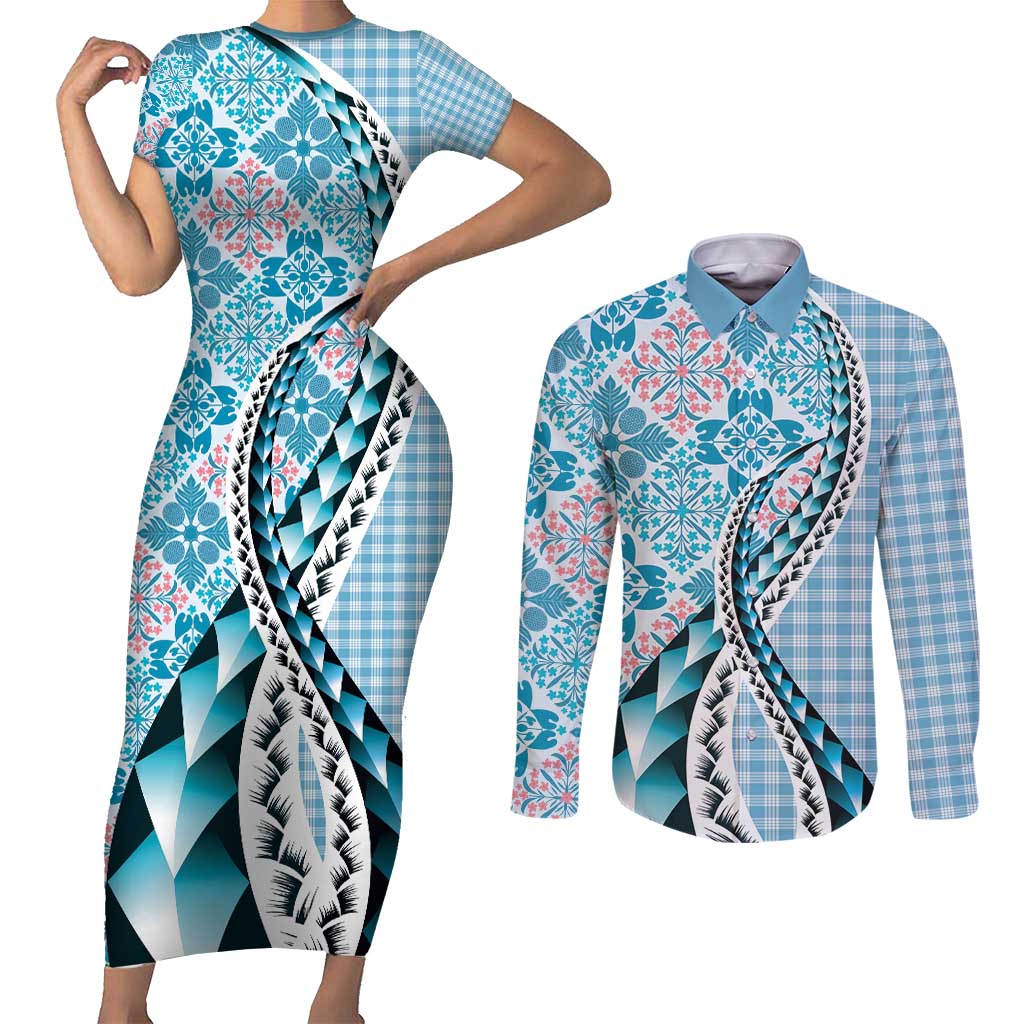 Aloha Vintage Palaka Floral Hawaiian Quilt Couples Matching Short Sleeve Bodycon Dress and Long Sleeve Button Shirt Uliuli Motif - Polynesian Pride