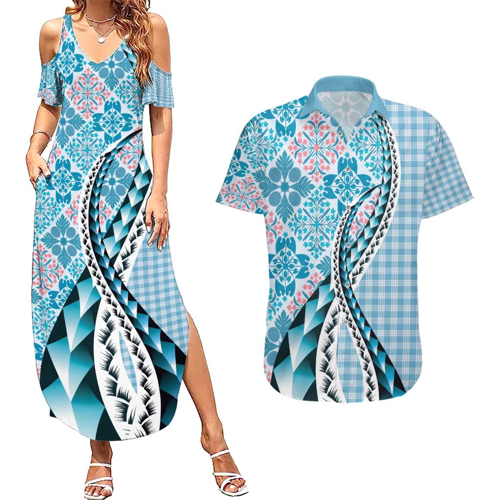 Aloha Vintage Palaka Floral Hawaiian Quilt Couples Matching Summer Maxi Dress and Hawaiian Shirt Uliuli Motif - Polynesian Pride