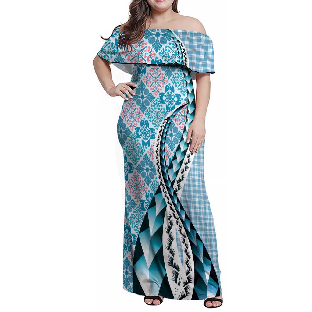 Aloha Vintage Palaka Floral Hawaiian Quilt Family Matching Off Shoulder Maxi Dress and Hawaiian Shirt Uliuli Motif - Polynesian Pride