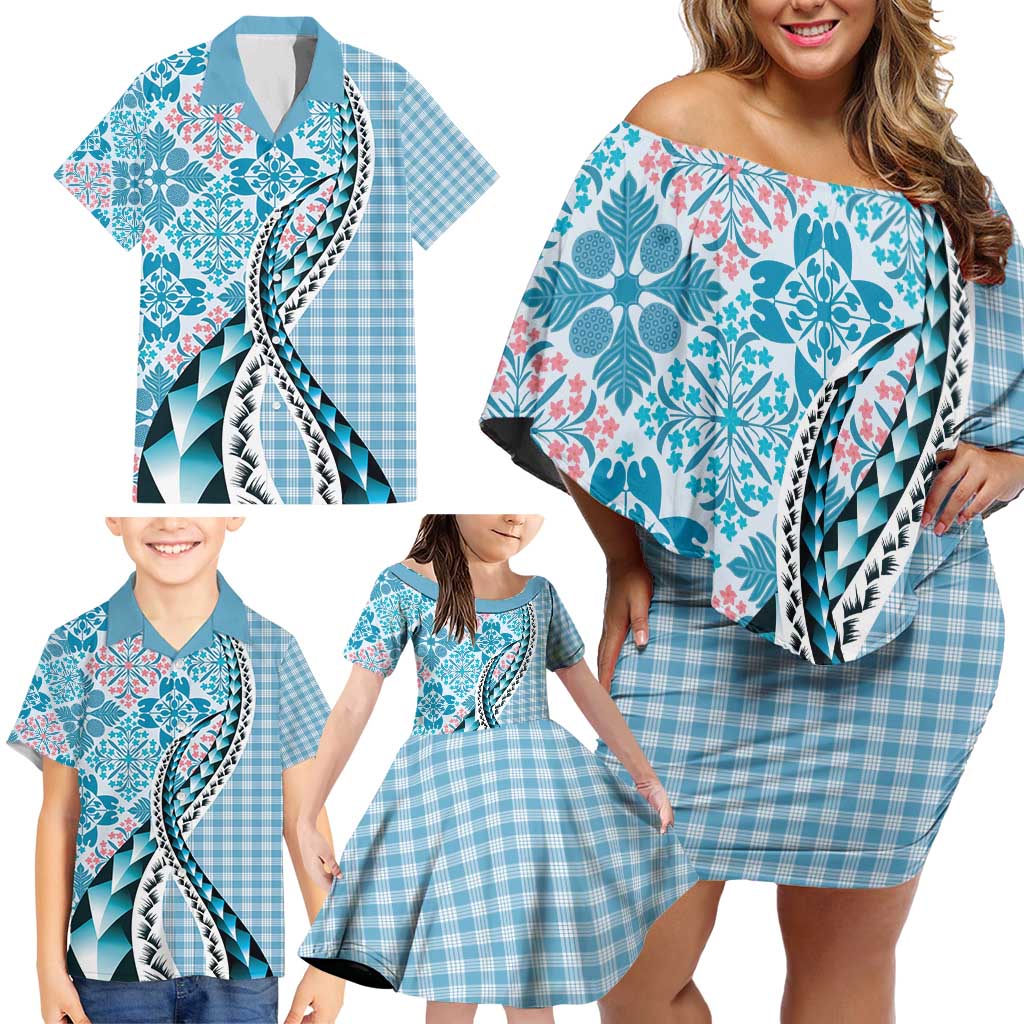Aloha Vintage Palaka Floral Hawaiian Quilt Family Matching Off Shoulder Short Dress and Hawaiian Shirt Uliuli Motif - Polynesian Pride