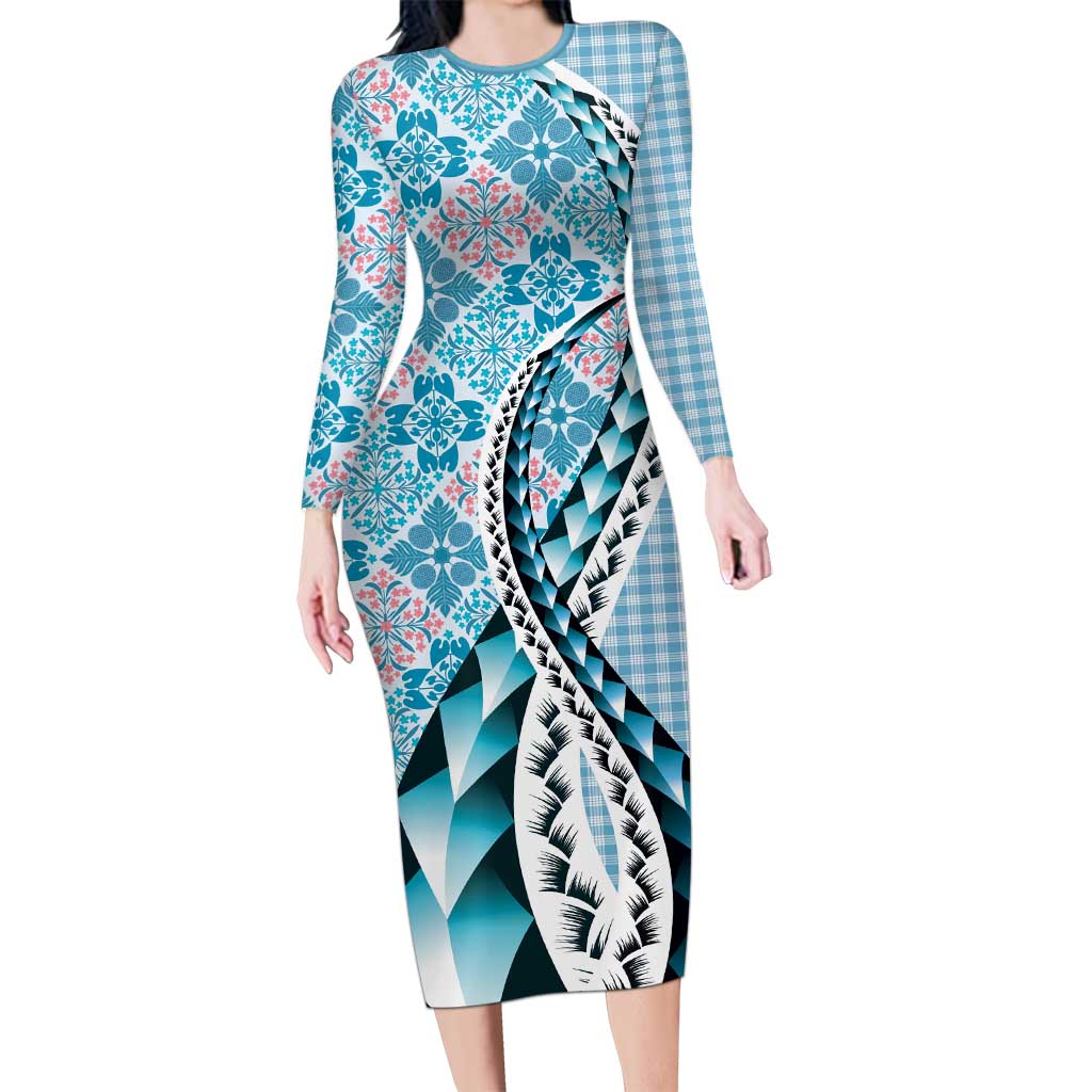 Aloha Vintage Palaka Floral Hawaiian Quilt Long Sleeve Bodycon Dress Uliuli Motif - Polynesian Pride