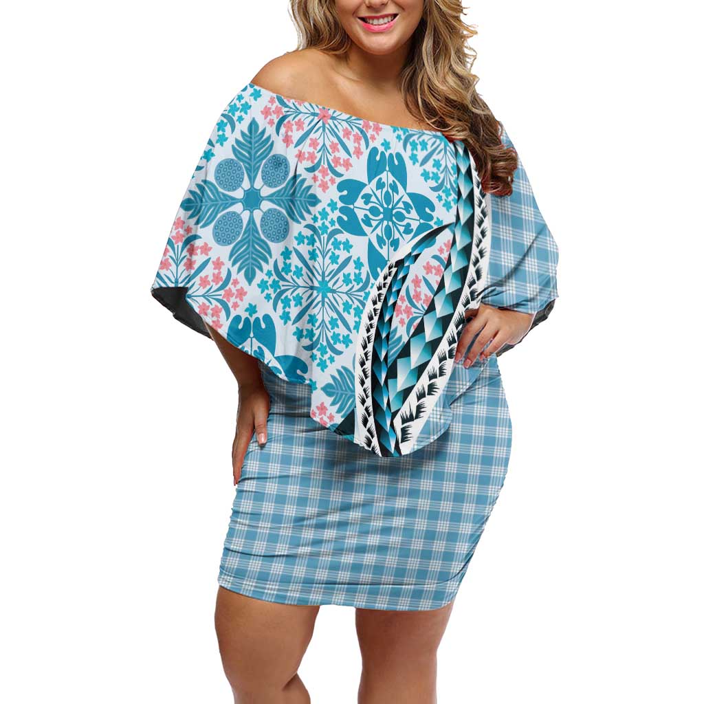 Aloha Vintage Palaka Floral Hawaiian Quilt Off Shoulder Short Dress Uliuli Motif - Polynesian Pride