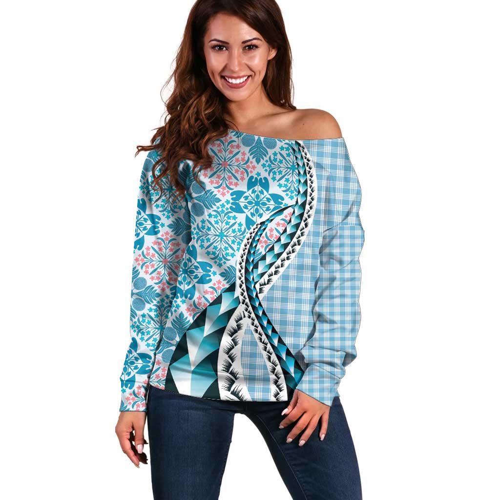 Aloha Vintage Palaka Floral Hawaiian Quilt Off Shoulder Sweater Uliuli Motif - Polynesian Pride
