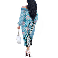 Aloha Vintage Palaka Floral Hawaiian Quilt Off The Shoulder Long Sleeve Dress Uliuli Motif - Polynesian Pride