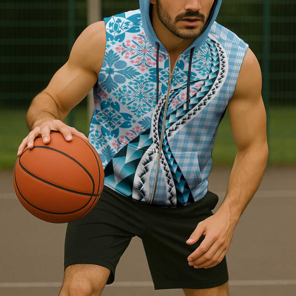 Aloha Vintage Palaka Floral Hawaiian Quilt Sleeveless Zip Hoodie Uliuli Motif - Polynesian Pride