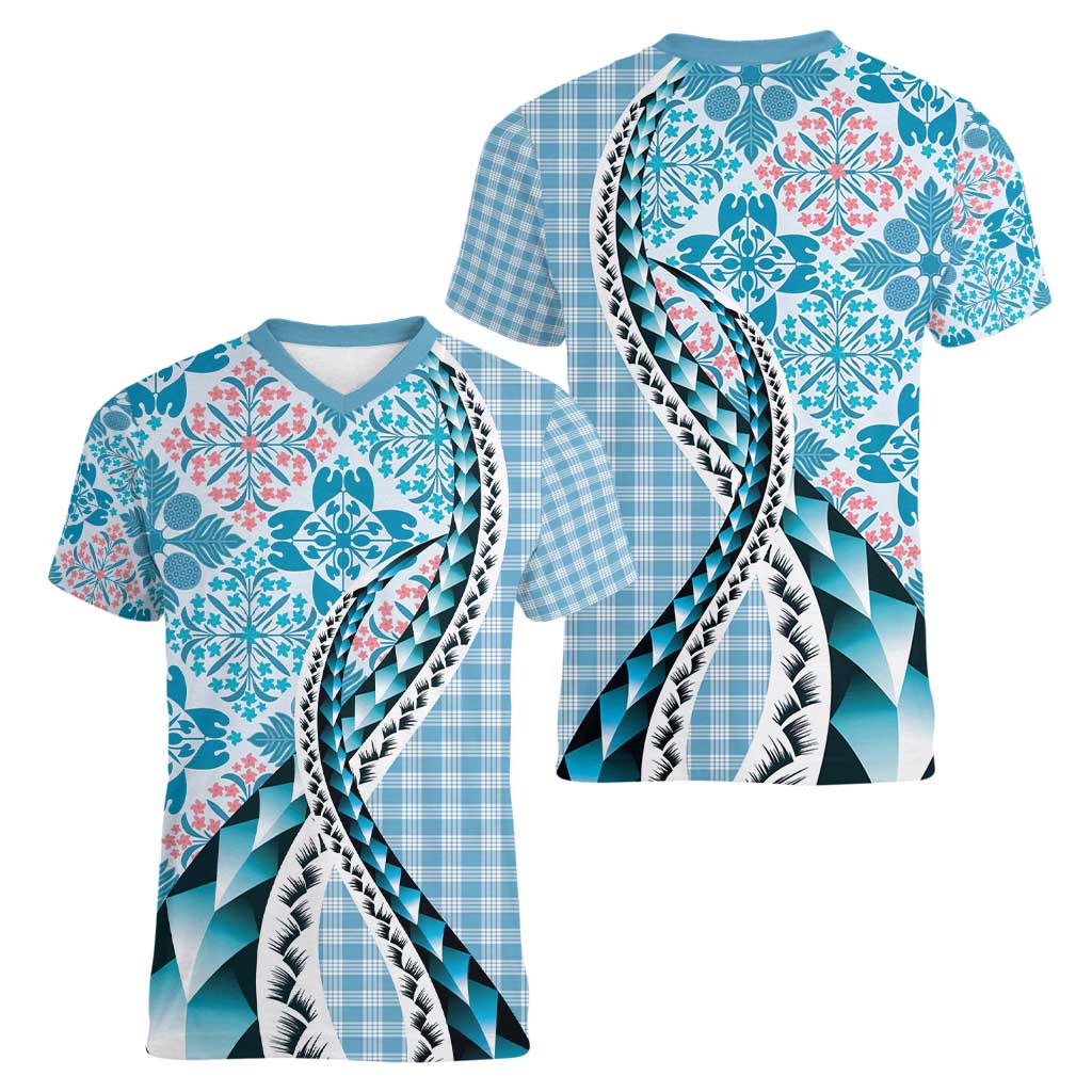 Aloha Vintage Palaka Floral Hawaiian Quilt Women V-Neck T-Shirt Uliuli Motif - Polynesian Pride