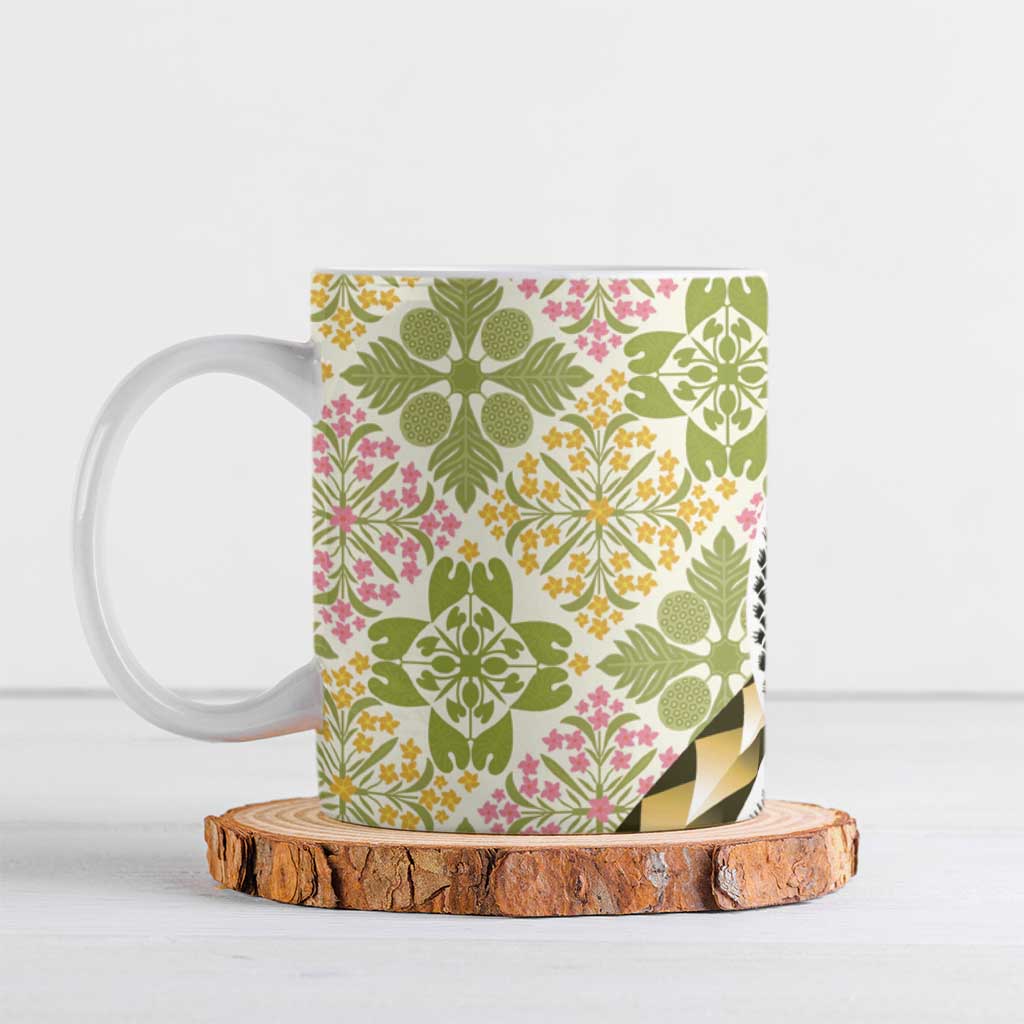 Aloha Vintage Palaka Floral Hawaiian Quilt Ceramic Mug Omaomao Motif - Polynesian Pride