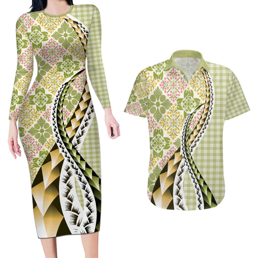 Aloha Vintage Palaka Floral Hawaiian Quilt Couples Matching Long Sleeve Bodycon Dress and Hawaiian Shirt Omaomao Motif - Polynesian Pride