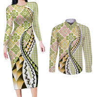 Aloha Vintage Palaka Floral Hawaiian Quilt Couples Matching Long Sleeve Bodycon Dress and Long Sleeve Button Shirt Omaomao Motif - Polynesian Pride