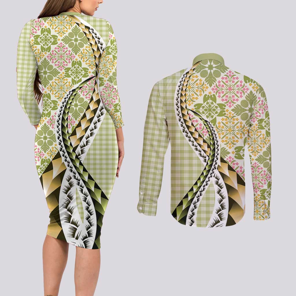Aloha Vintage Palaka Floral Hawaiian Quilt Couples Matching Long Sleeve Bodycon Dress and Long Sleeve Button Shirt Omaomao Motif - Polynesian Pride
