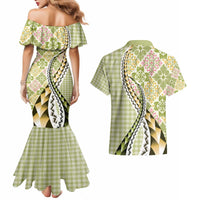 Aloha Vintage Palaka Floral Hawaiian Quilt Couples Matching Mermaid Dress and Hawaiian Shirt Omaomao Motif - Polynesian Pride