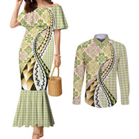 Aloha Vintage Palaka Floral Hawaiian Quilt Couples Matching Mermaid Dress and Long Sleeve Button Shirt Omaomao Motif - Polynesian Pride