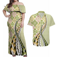 Aloha Vintage Palaka Floral Hawaiian Quilt Couples Matching Off Shoulder Maxi Dress and Hawaiian Shirt Omaomao Motif - Polynesian Pride
