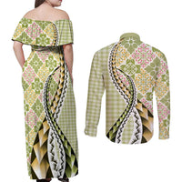Aloha Vintage Palaka Floral Hawaiian Quilt Couples Matching Off Shoulder Maxi Dress and Long Sleeve Button Shirt Omaomao Motif - Polynesian Pride