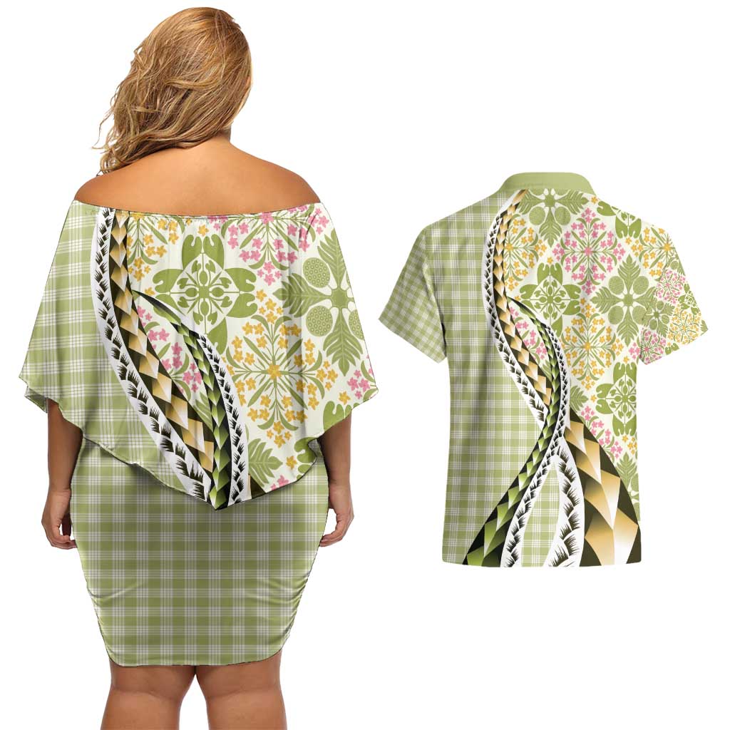 Aloha Vintage Palaka Floral Hawaiian Quilt Couples Matching Off Shoulder Short Dress and Hawaiian Shirt Omaomao Motif - Polynesian Pride