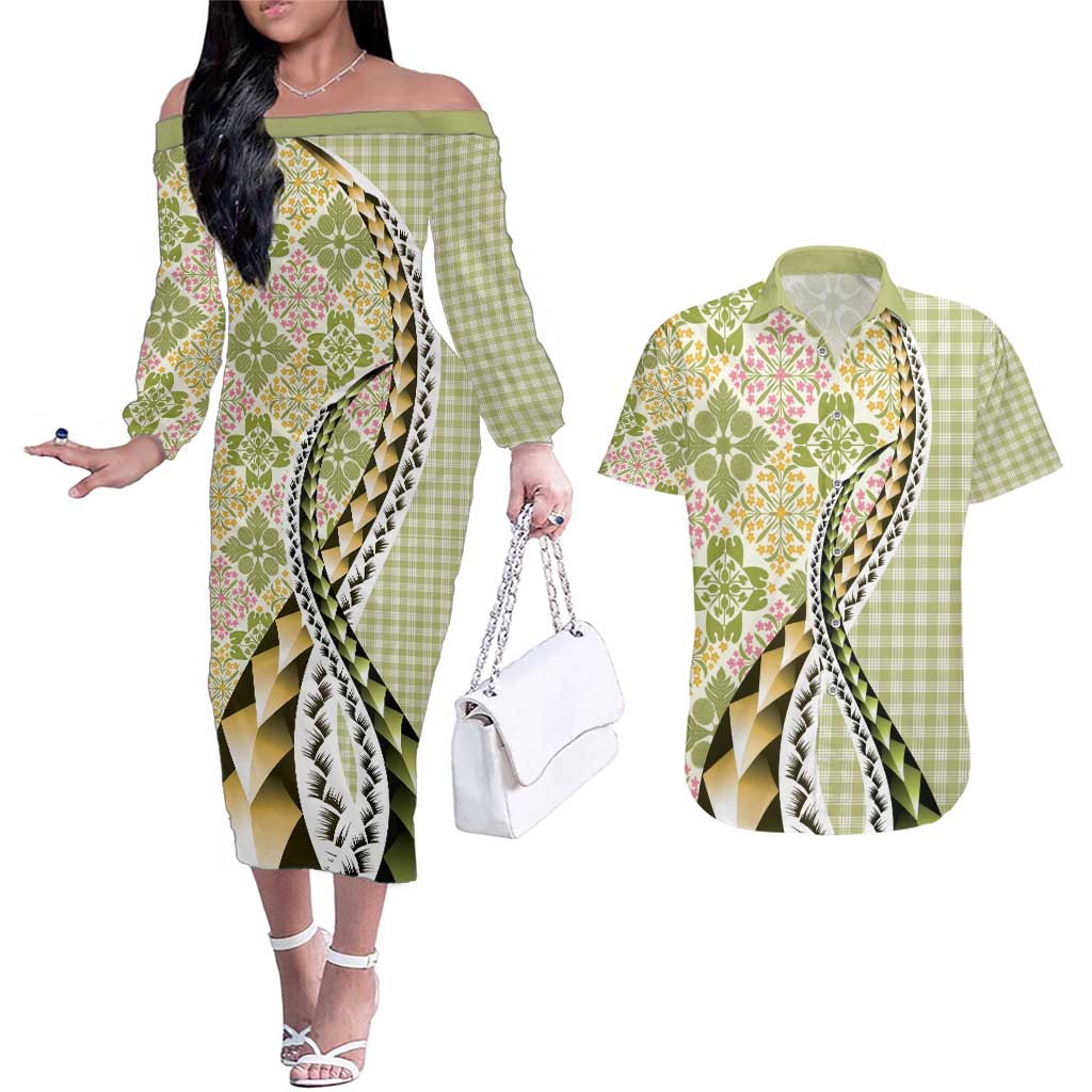 Aloha Vintage Palaka Floral Hawaiian Quilt Couples Matching Off The Shoulder Long Sleeve Dress and Hawaiian Shirt Omaomao Motif - Polynesian Pride