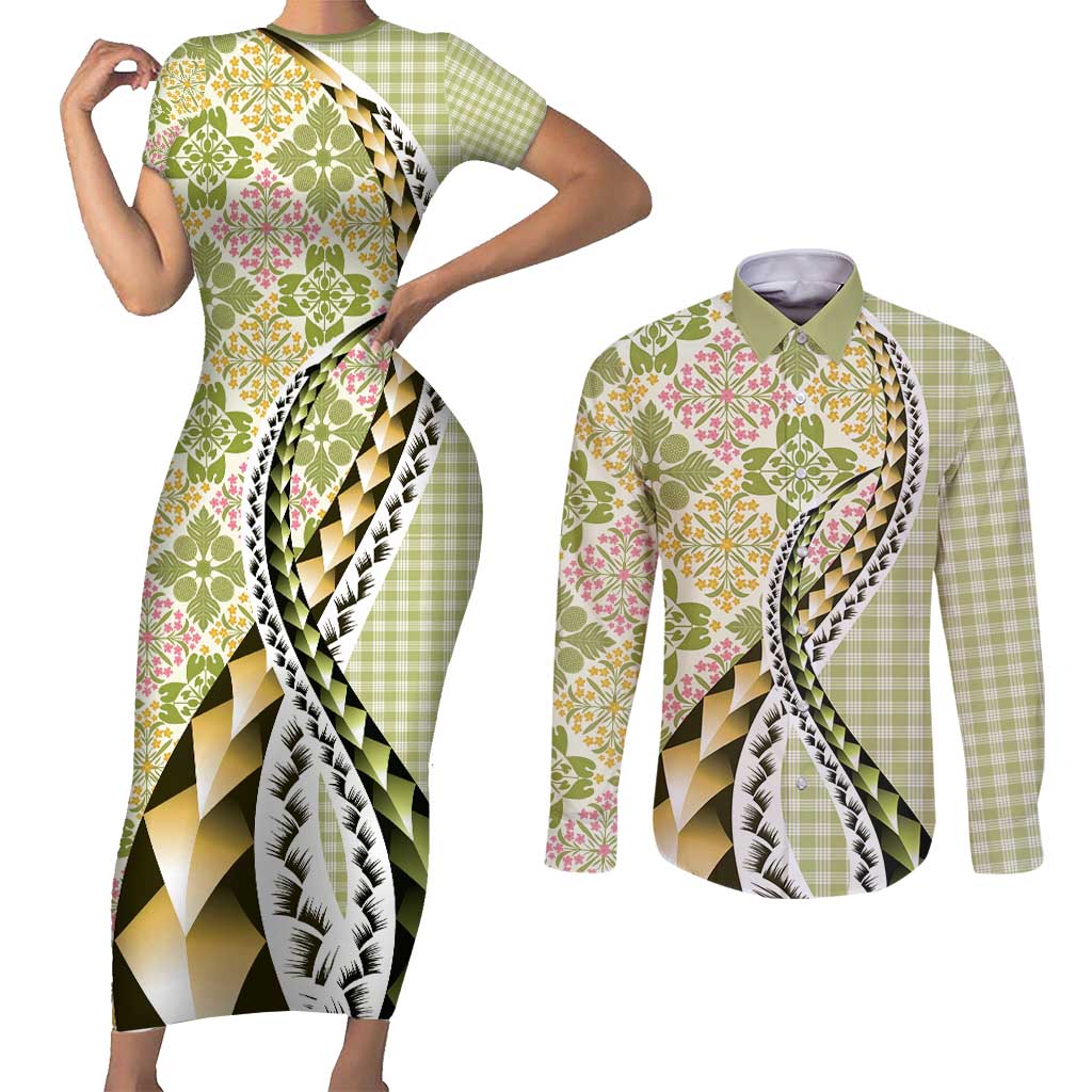 Aloha Vintage Palaka Floral Hawaiian Quilt Couples Matching Short Sleeve Bodycon Dress and Long Sleeve Button Shirt Omaomao Motif - Polynesian Pride