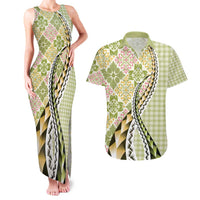 Aloha Vintage Palaka Floral Hawaiian Quilt Couples Matching Tank Maxi Dress and Hawaiian Shirt Omaomao Motif - Polynesian Pride