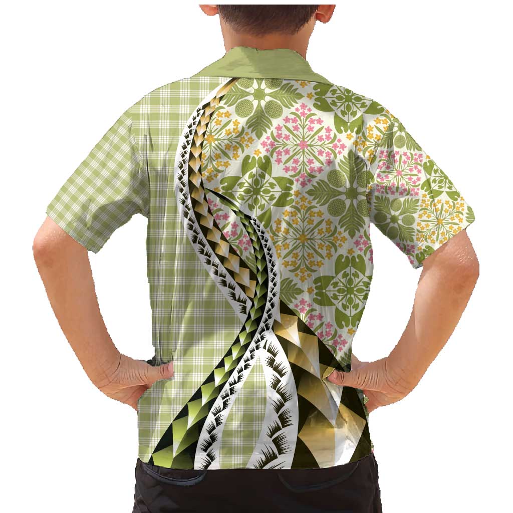 Aloha Vintage Palaka Floral Hawaiian Quilt Family Matching Mermaid Dress and Hawaiian Shirt Omaomao Motif - Polynesian Pride