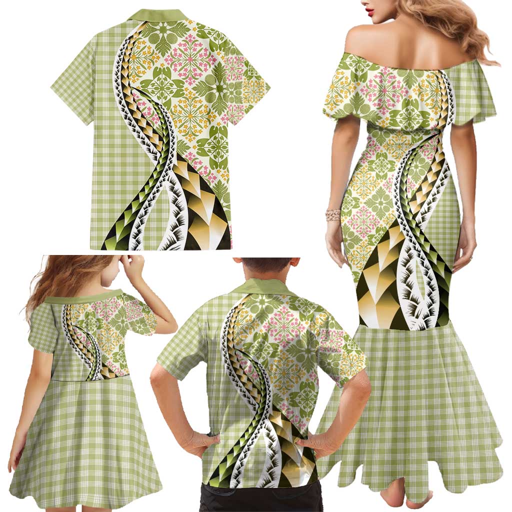 Aloha Vintage Palaka Floral Hawaiian Quilt Family Matching Mermaid Dress and Hawaiian Shirt Omaomao Motif - Polynesian Pride