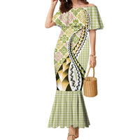 Aloha Vintage Palaka Floral Hawaiian Quilt Family Matching Mermaid Dress and Hawaiian Shirt Omaomao Motif - Polynesian Pride