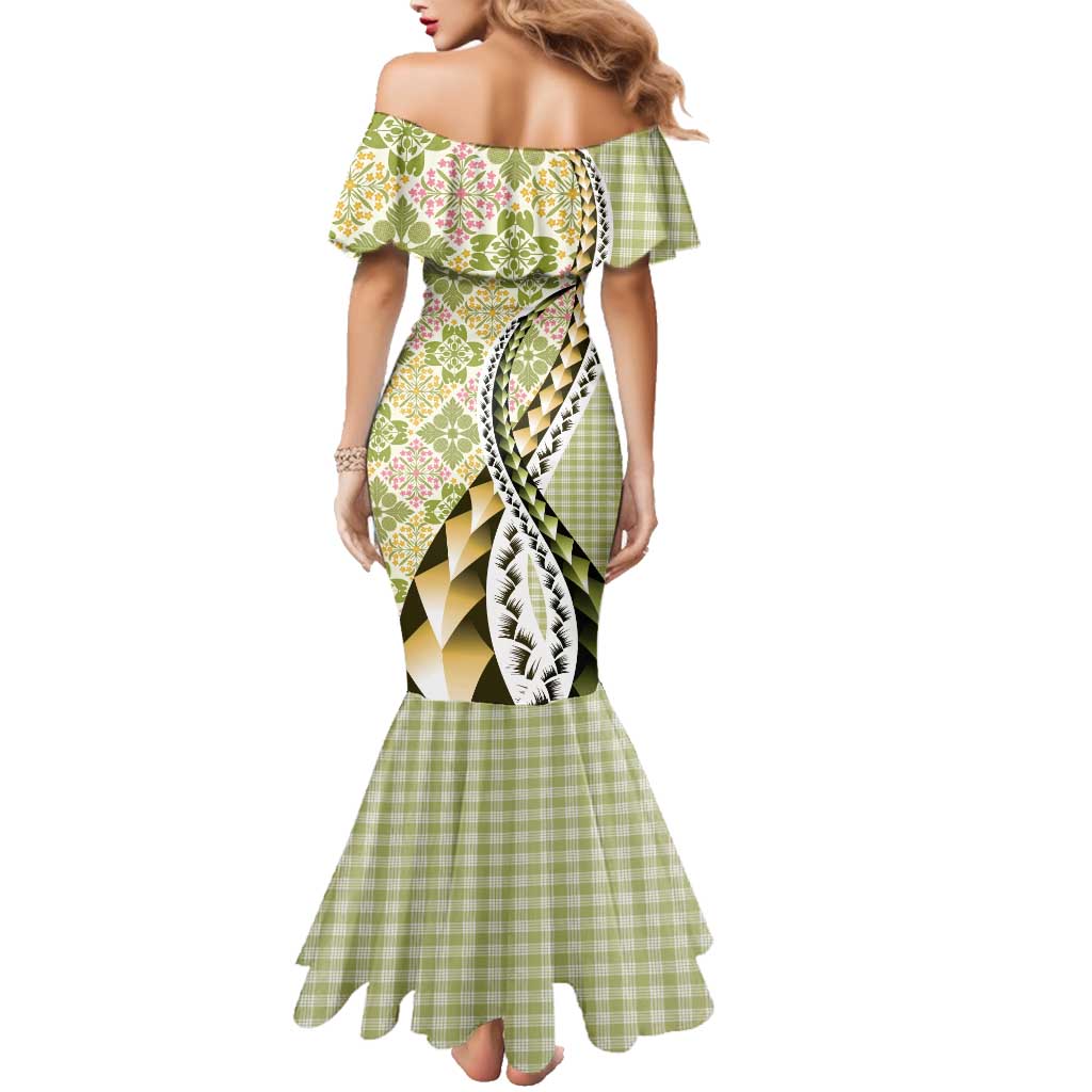 Aloha Vintage Palaka Floral Hawaiian Quilt Family Matching Mermaid Dress and Hawaiian Shirt Omaomao Motif - Polynesian Pride