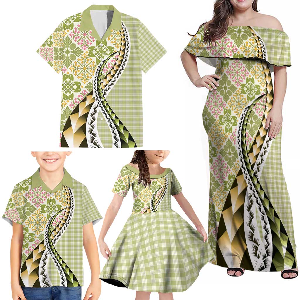 Aloha Vintage Palaka Floral Hawaiian Quilt Family Matching Off Shoulder Maxi Dress and Hawaiian Shirt Omaomao Motif - Polynesian Pride